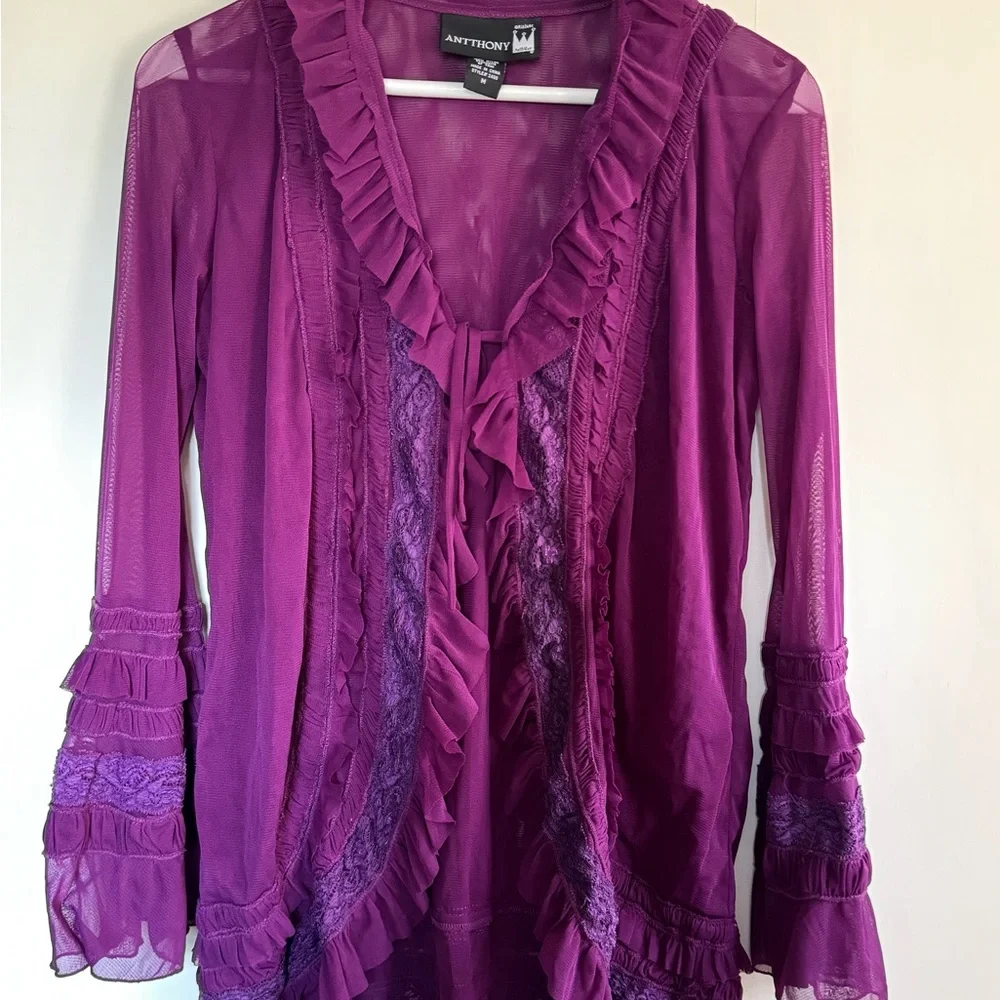 Sold- Antthony Purple Sheer Ruffles Cardigan - Picture 2 of 9